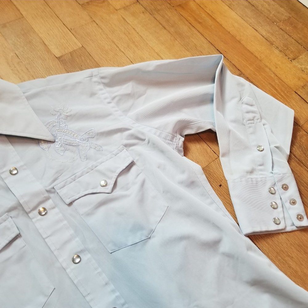 Vintage 70's Western Cowboy Pastel Blue Pearl Snap Men's Button Up Shirt - Picture 5 of 10